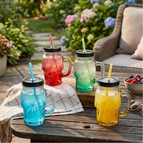 Skull Mason Jar with Lids Straws and Handle Colorful Drinking Glasses for 16 oz