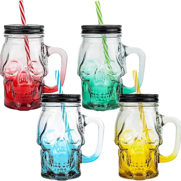 Skull Mason Jar with Lids Straws and Handle Colorful Drinking Glasses for 16 oz