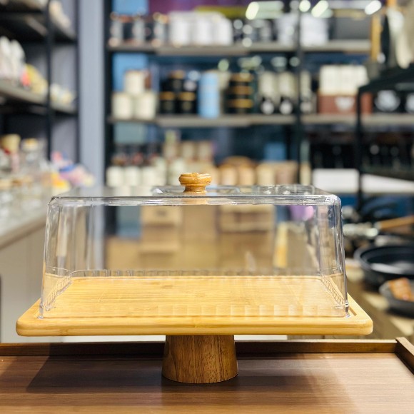 Square Wooden Cake Stand with Acrylic Dome