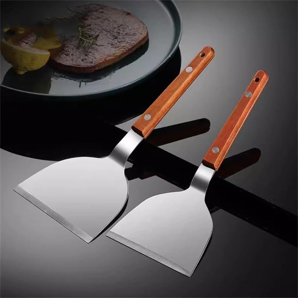 Stainless Steel Tuurner Fried Shovel Roasting Wooden Handle Pizza Spatula BBQ Beef Roast Shovel Korean Steak Iron Plate