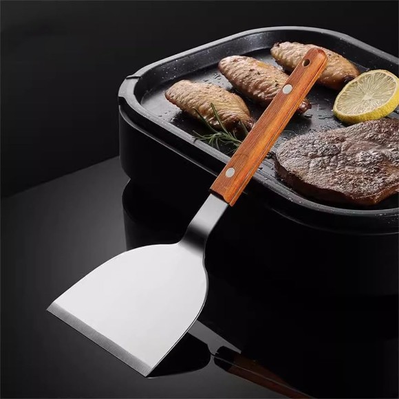 Stainless Steel Tuurner Fried Shovel Roasting Wooden Handle Pizza Spatula BBQ Beef Roast Shovel Korean Steak Iron Plate