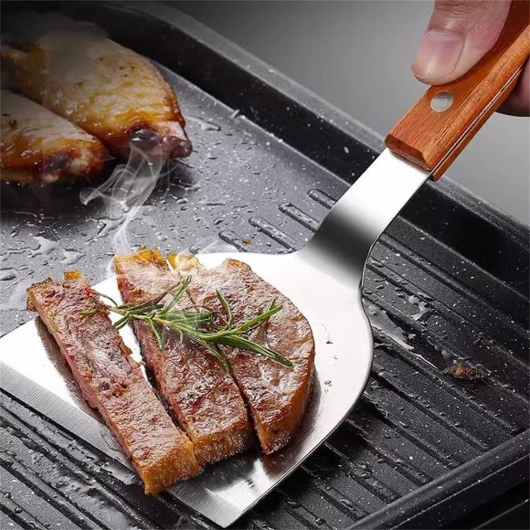 Stainless Steel Tuurner Fried Shovel Roasting Wooden Handle Pizza Spatula BBQ Beef Roast Shovel Korean Steak Iron Plate