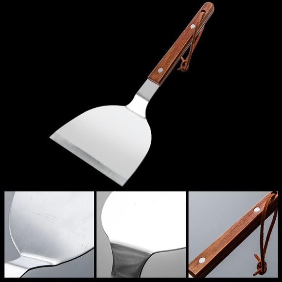 Stainless Steel Tuurner Fried Shovel Roasting Wooden Handle Pizza Spatula BBQ Beef Roast Shovel Korean Steak Iron Plate