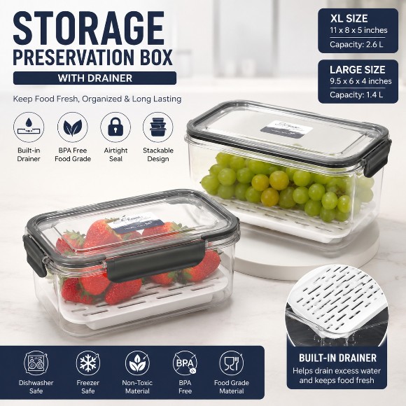 Storage Preservation Box With Drainer and Handle Acrylic