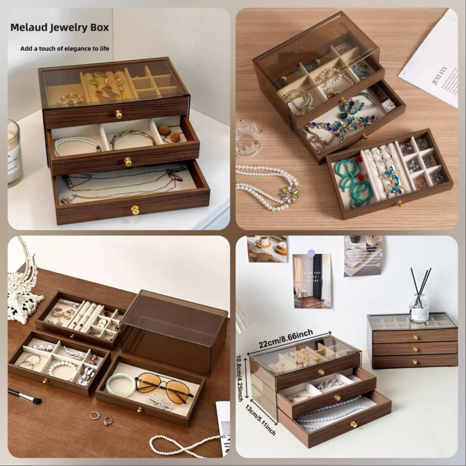 wooden-jewelry-organizer-box-with-3-layers-&ndash;-transparent-lid-&ndash;-elegant-storage-for-rings-&-necklaces