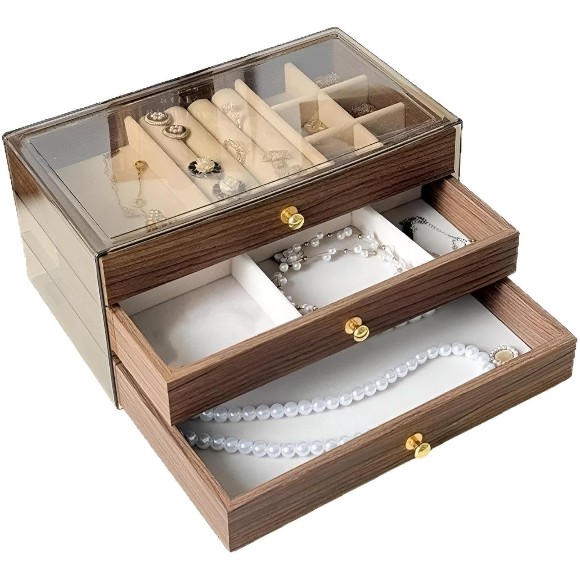 Wooden Jewelry Organizer Box with 3 Layers – Transparent Lid – Elegant Storage for Rings & Necklaces