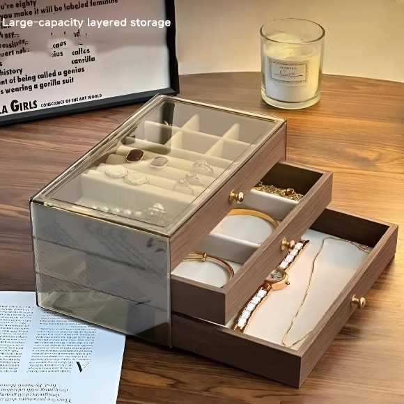Wooden Jewelry Organizer Box with 3 Layers – Transparent Lid – Elegant Storage for Rings & Necklaces