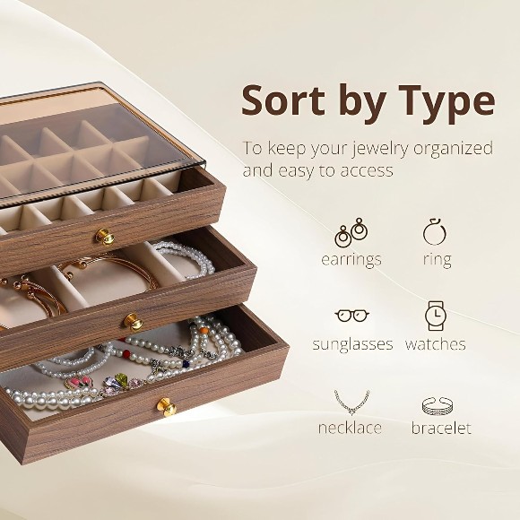 Wooden Jewelry Organizer Box with 3 Layers – Transparent Lid – Elegant Storage for Rings & Necklaces