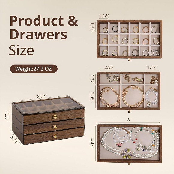 Wooden Jewelry Organizer Box with 3 Layers – Transparent Lid – Elegant Storage for Rings & Necklaces