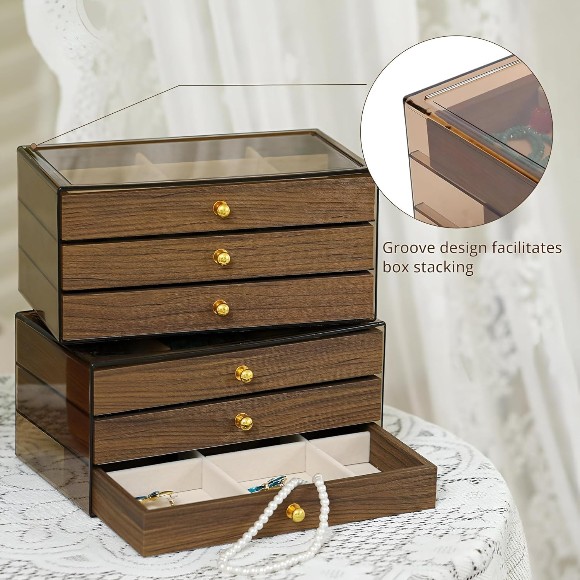 Wooden Jewelry Organizer Box with 3 Layers – Transparent Lid – Elegant Storage for Rings & Necklaces