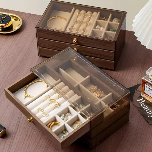 Wooden Jewelry Organizer Box with 3 Layers – Transparent Lid – Elegant Storage for Rings & Necklaces