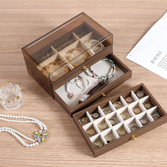 Wooden Jewelry Organizer Box with 3 Layers – Transparent Lid – Elegant Storage for Rings & Necklaces