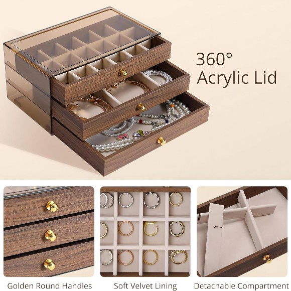 Wooden Jewelry Organizer Box with 3 Layers – Transparent Lid – Elegant Storage for Rings & Necklaces