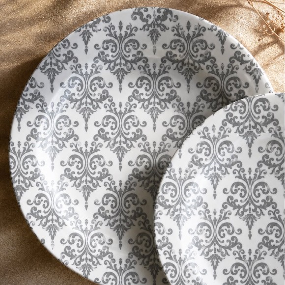 44 Piece Ceramic Stoneware Dinner Set – Elegant Grey Botanical Design