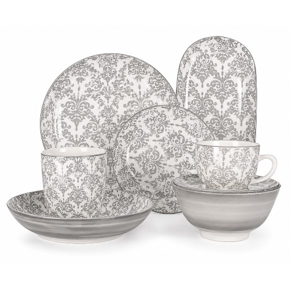44 Piece Ceramic Stoneware Dinner Set – Elegant Grey Botanical Design