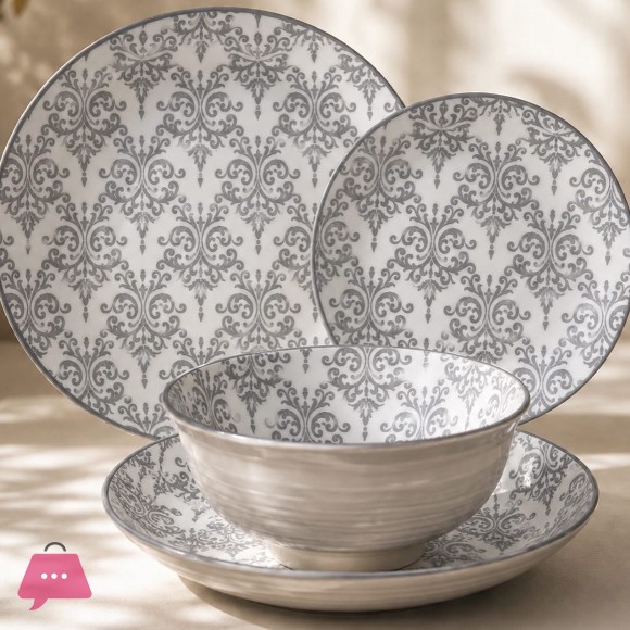 44 Piece Ceramic Stoneware Dinner Set – Elegant Grey Botanical Design