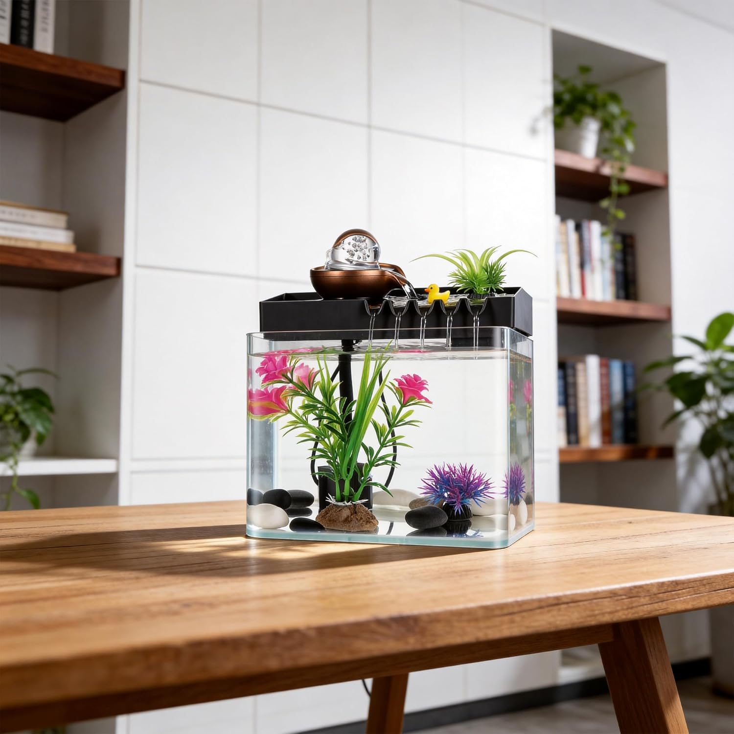 Indoor Water Fountain, 5-in-1 Tabletop Waterfall with Fish Tank