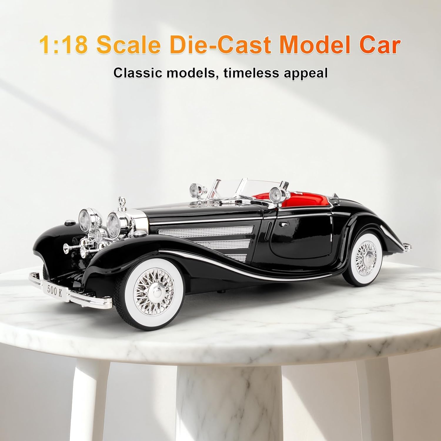 1:18 Scale Classics Benz 500K Die-Cast Metal Car with Sport car Openable Doors Light and Sound