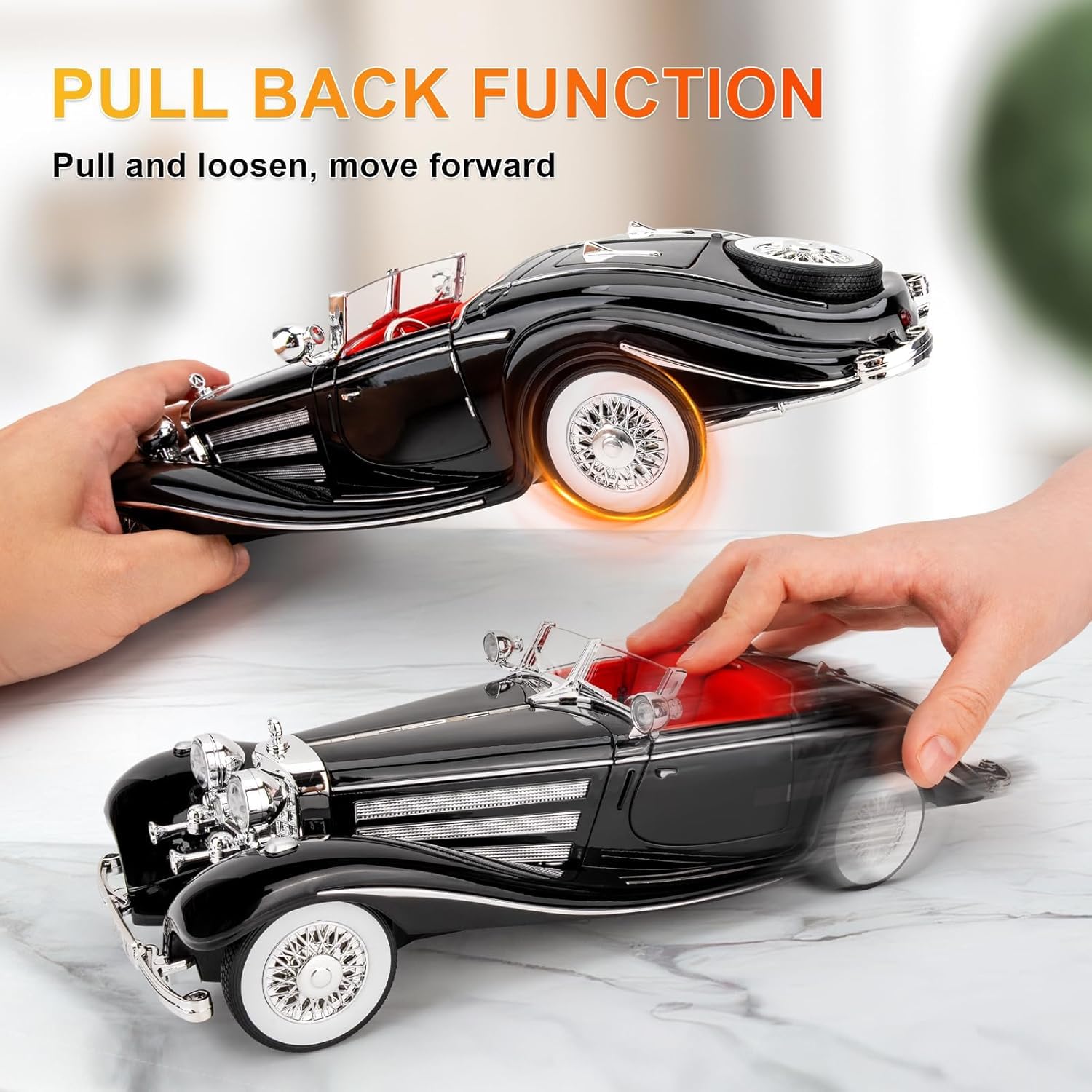 1:18 Scale Classics Benz 500K Die-Cast Metal Car with Sport car Openable Doors Light and Sound