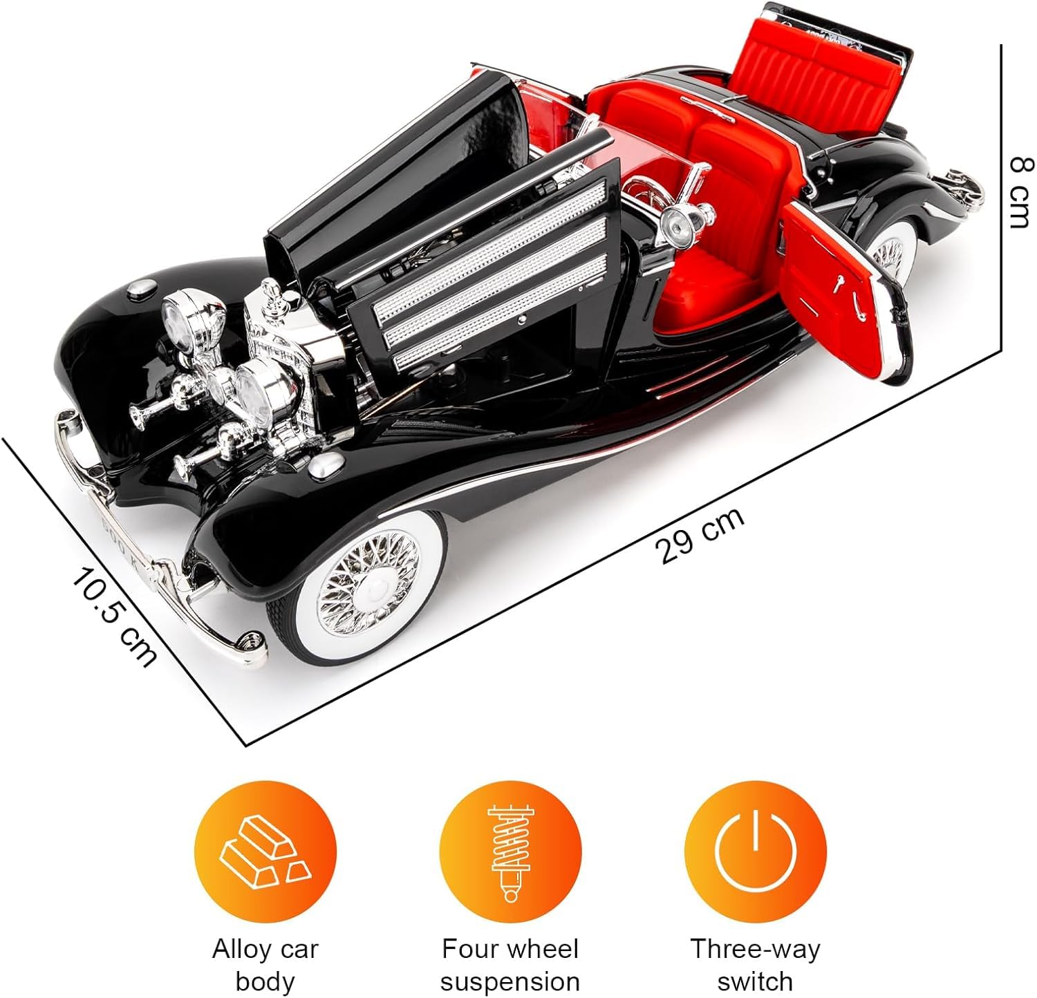 1:18 Scale Classics Benz 500K Die-Cast Metal Car with Sport car Openable Doors Light and Sound