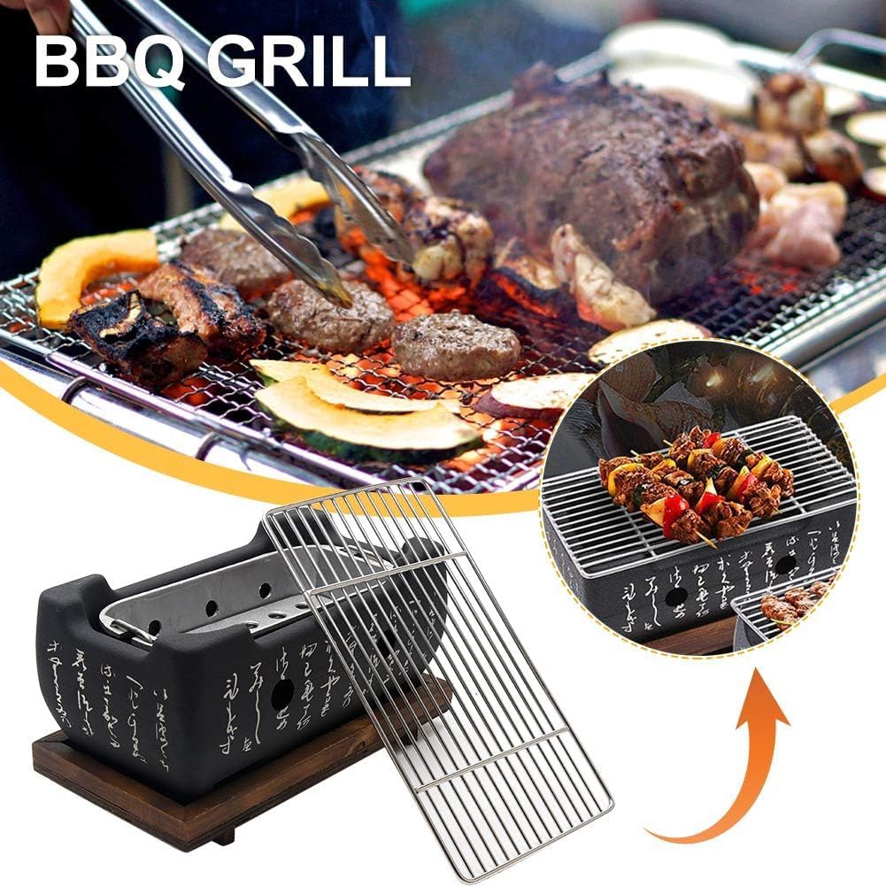 Japanese Hibachi Grill, Portable Tabletop Yakitori Charcoal Grill for Indoor Outdoor BBQ with Wooden Base & Cooking Grate 4.9x4.5x9.4in