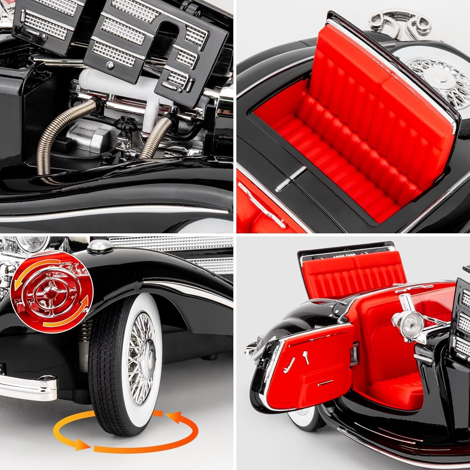1:18 Scale Classics Benz 500K Die-Cast Metal Car with Sport car Openable Doors Light and Sound