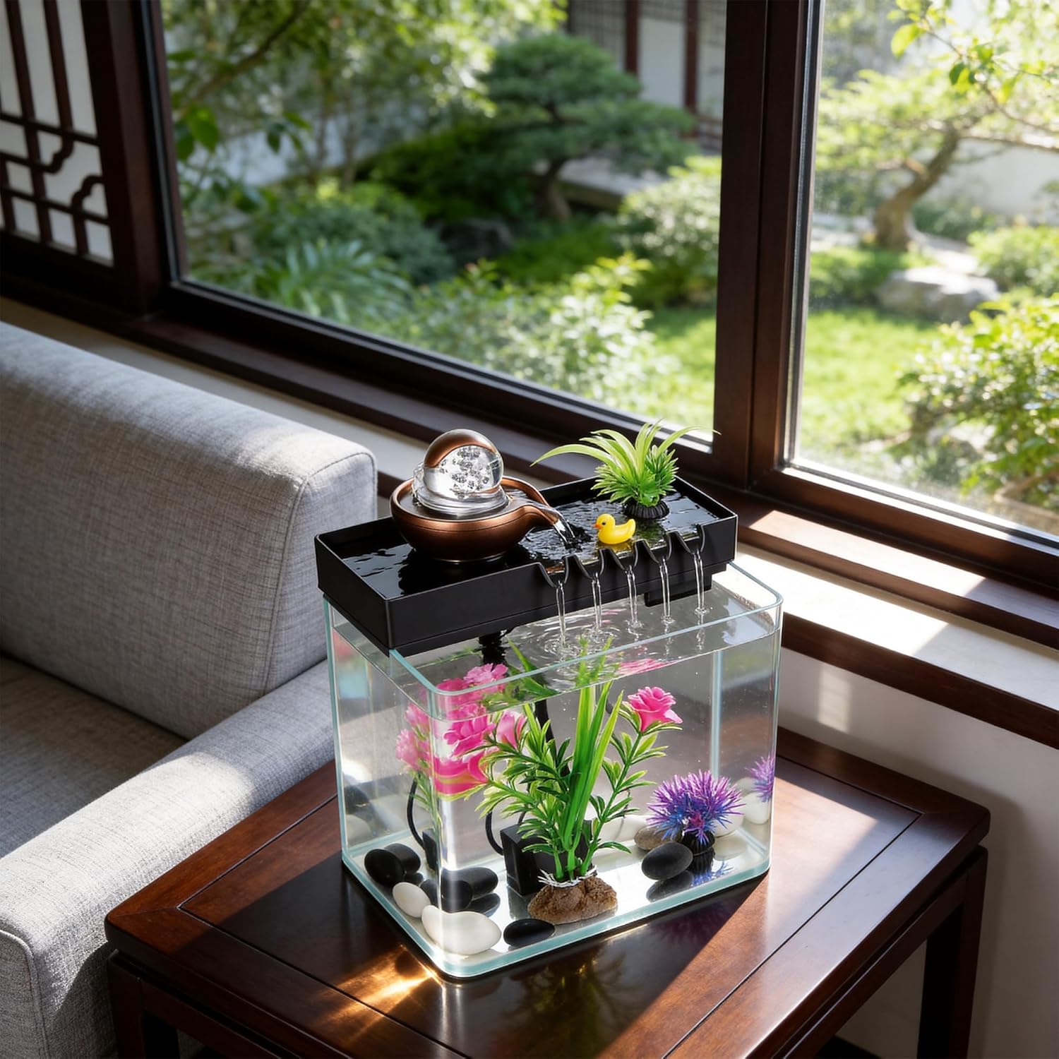 Indoor Water Fountain, 5-in-1 Tabletop Waterfall with Fish Tank