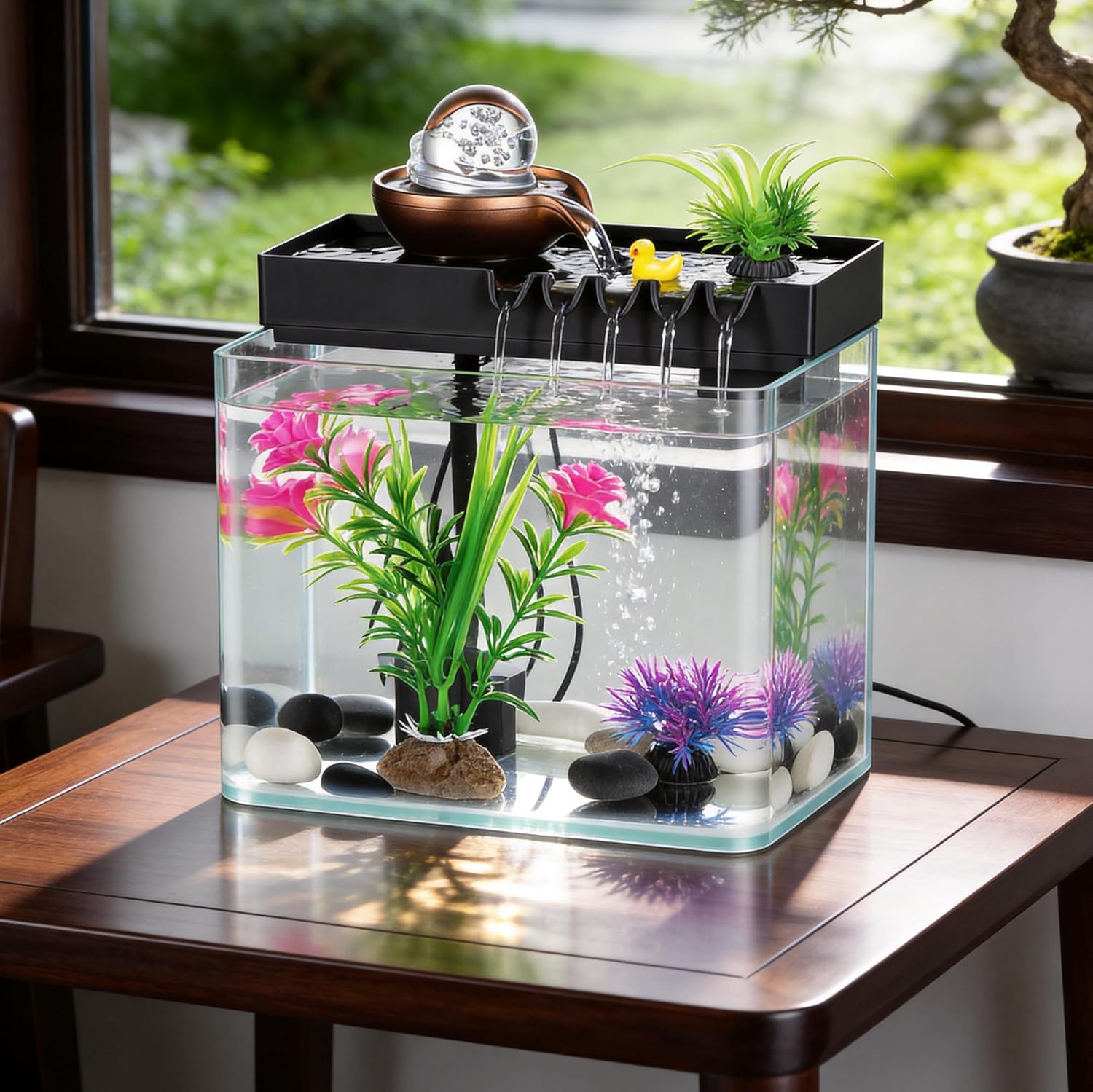 Indoor Water Fountain, 5-in-1 Tabletop Waterfall with Fish Tank