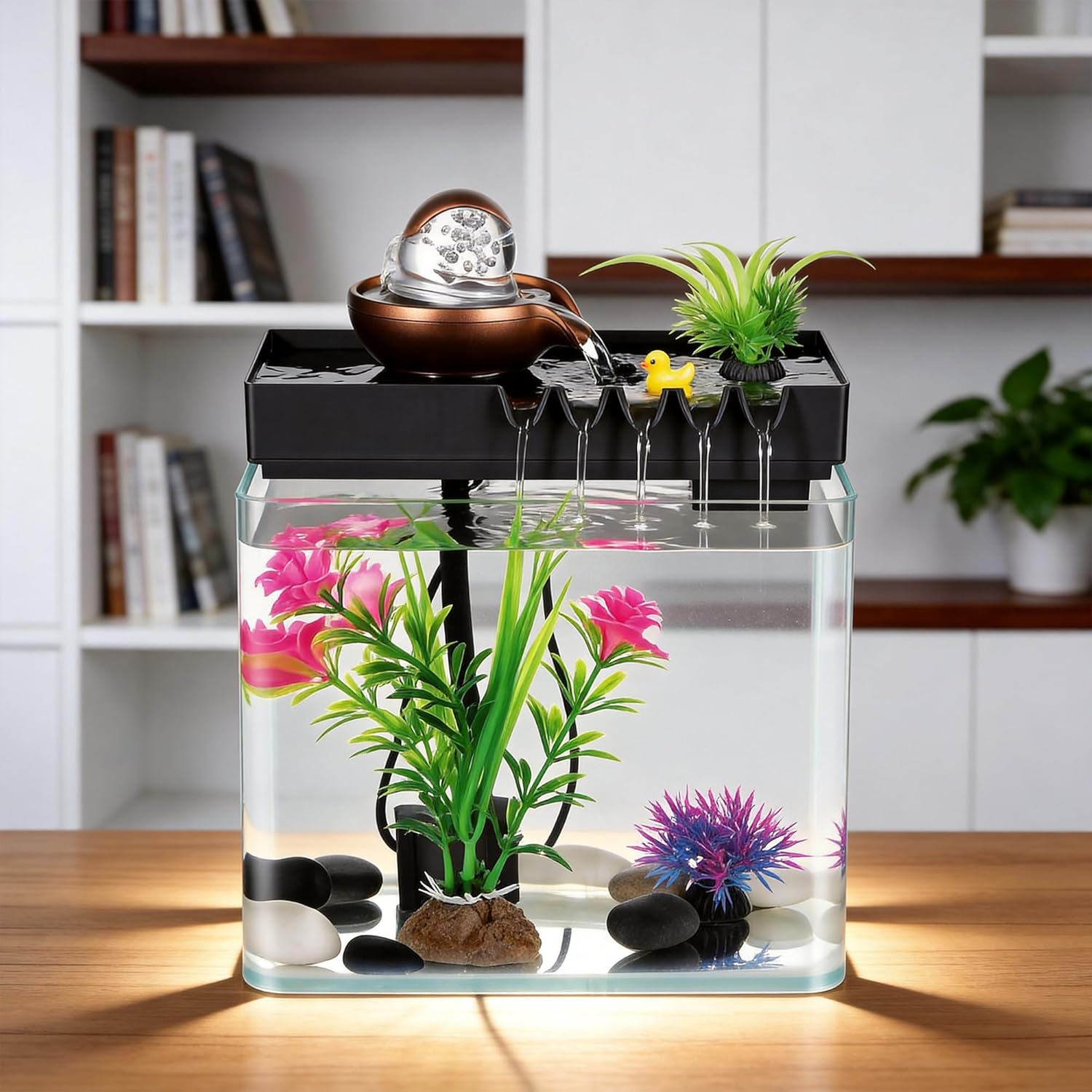 Indoor Water Fountain, 5-in-1 Tabletop Waterfall with Fish Tank