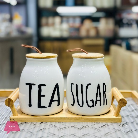 Ceramic Tea Sugar 2 Pcs Jar Set with Bamboo Stand