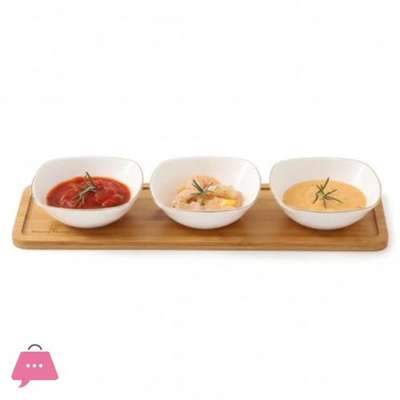 Danny Home Porcelain Serving Bowls Set with Wooden Base - 4 pieces