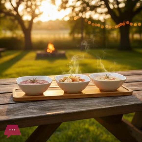 Danny Home Porcelain Serving Bowls Set with Wooden Base - 4 pieces