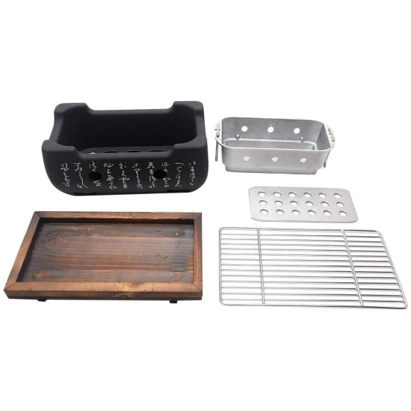 Japanese Hibachi Grill, Portable Tabletop Yakitori Charcoal Grill for Indoor Outdoor BBQ with Wooden Base & Cooking Grate 4.9x4.5x9.4in