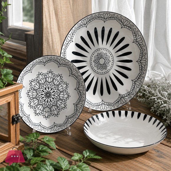 Mandala Black & White Porcelain Plate Set 18 Piece