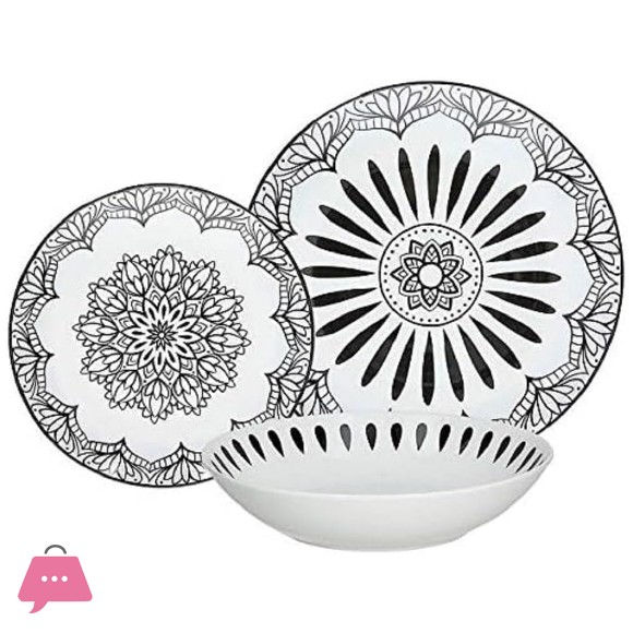 Mandala Black & White Porcelain Plate Set 18 Piece