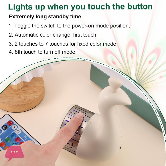 Peacock Wall Light 7 Color LED Peacock Projection Lamp Nightlight with Remote Control USB Rechargeable Night Light