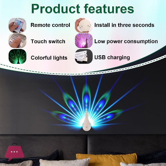 Peacock Wall Light 7 Color LED Peacock Projection Lamp Nightlight with Remote Control USB Rechargeable Night Light