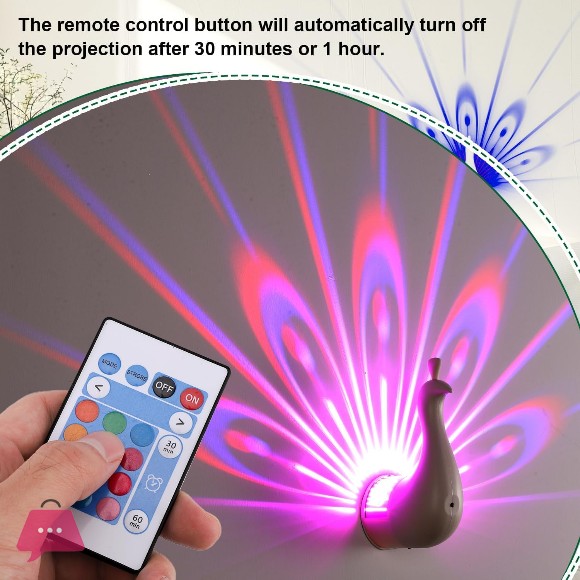 Peacock Wall Light 7 Color LED Peacock Projection Lamp Nightlight with Remote Control USB Rechargeable Night Light