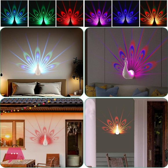 Peacock Wall Light 7 Color LED Peacock Projection Lamp Nightlight with Remote Control USB Rechargeable Night Light