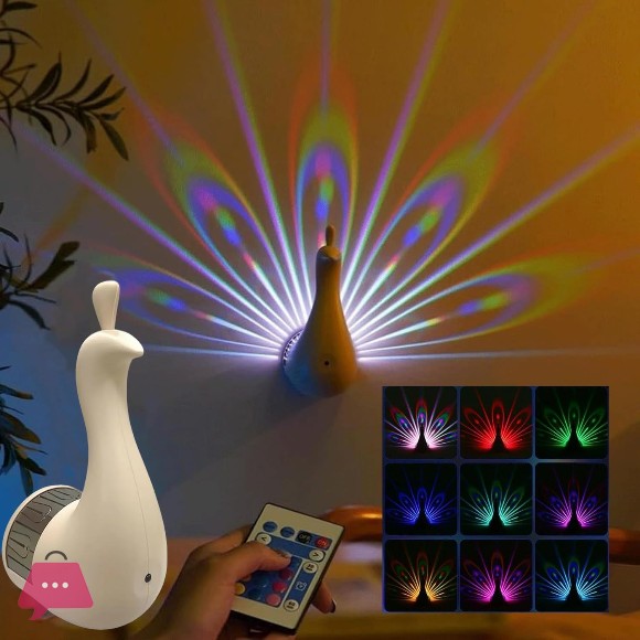 Peacock Wall Light 7 Color LED Peacock Projection Lamp Nightlight with Remote Control USB Rechargeable Night Light