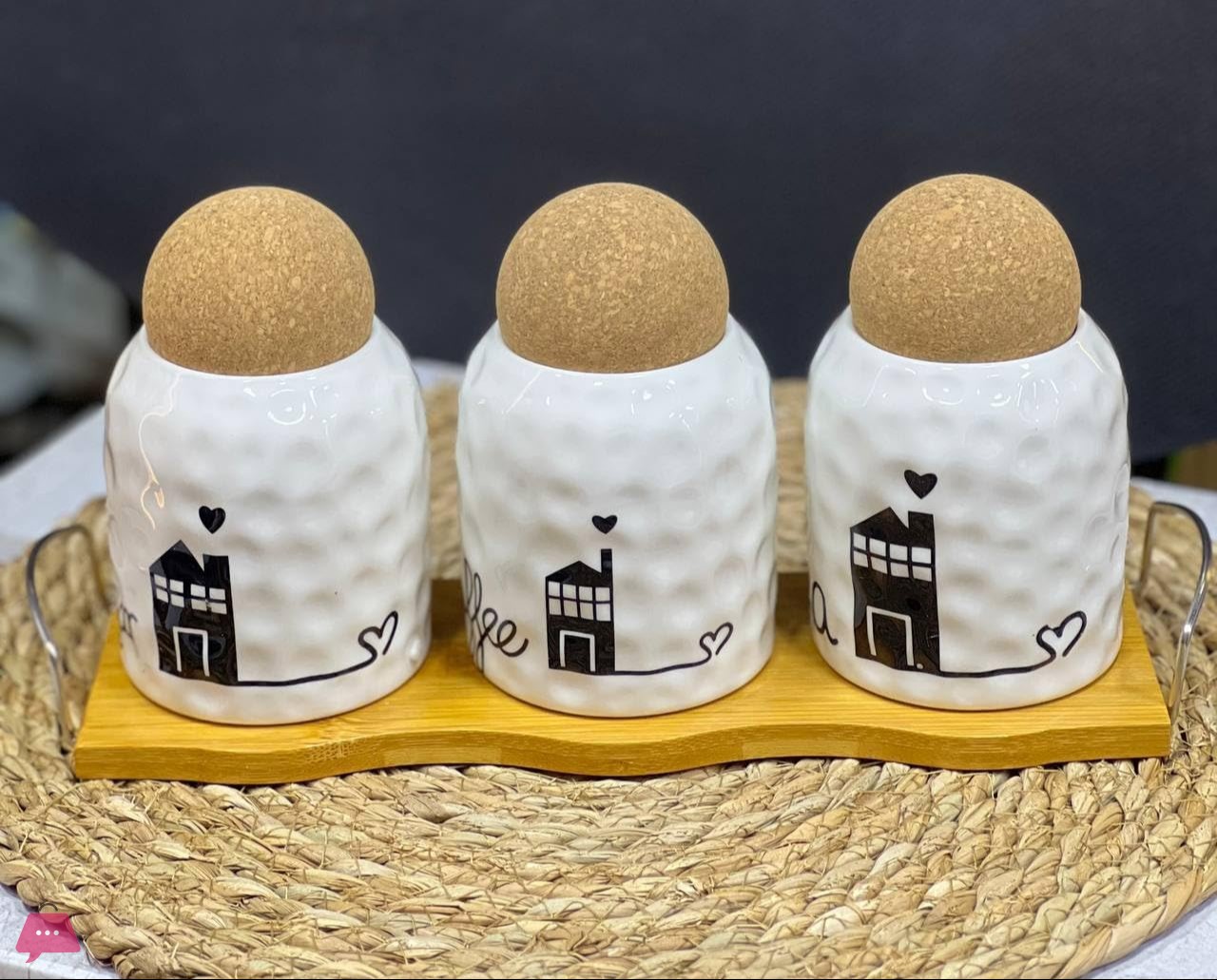 porcelain-storage-jars-set-3-house-design-canisters-with-cork-lids-500ml-wooden-stand