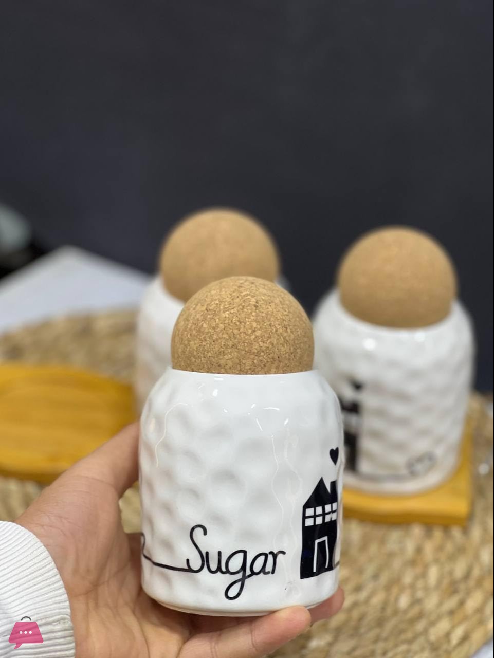 porcelain-storage-jars-set-3-house-design-canisters-with-cork-lids-500ml-wooden-stand