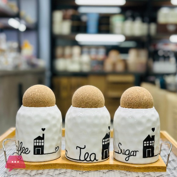 Porcelain Storage Jars Set 3 House Design Canisters with Cork Lids 500ml Wooden Stand