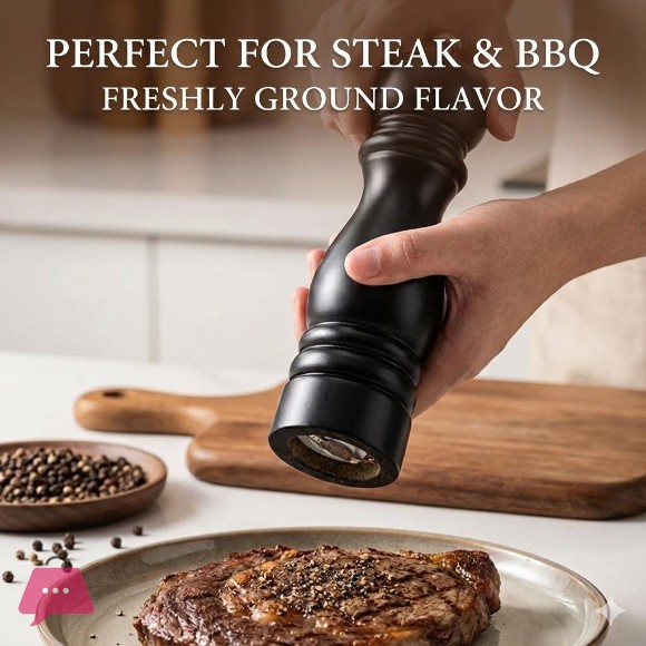 Premium Black Wooden Pepper Grinder with Adjustable Core Manual Salt Spice Mill for Kitchen
