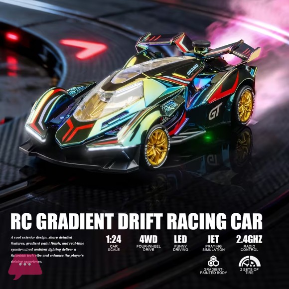 RC Drift Car 2.4GHz 1:24 Scale 4WD High Speed Cars Vehicle with LED Lights, Spray, Roadblocks and 4 Drifting Tires Racing Sport Toy Cars for Boys Girls Kids