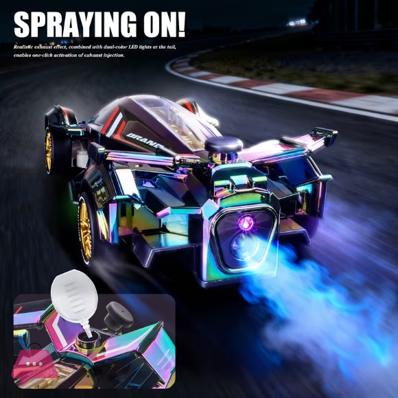 RC Drift Car 2.4GHz 1:24 Scale 4WD High Speed Cars Vehicle with LED Lights, Spray, Roadblocks and 4 Drifting Tires Racing Sport Toy Cars for Boys Girls Kids