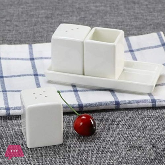 Set of 4 Pure White Porcelain Salt and Pepper Shakers and Toothpick Holder and Tray.
