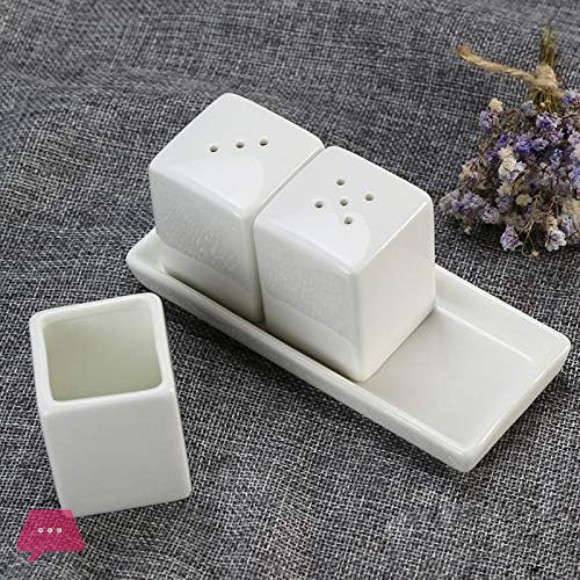 Set of 4 Pure White Porcelain Salt and Pepper Shakers and Toothpick Holder and Tray.