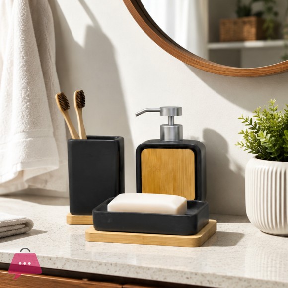 Square Ceramic and Bamboo Bathroom Accessory Set 2 Colors