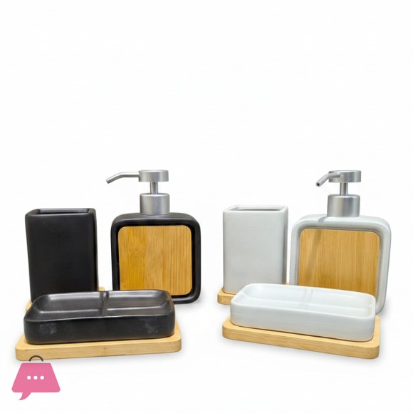 Square Ceramic and Bamboo Bathroom Accessory Set 2 Colors
